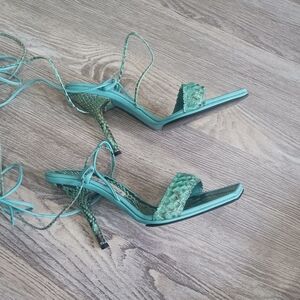 Santini Mavardi Women's Teal Snake-Print Lace-Up Heels